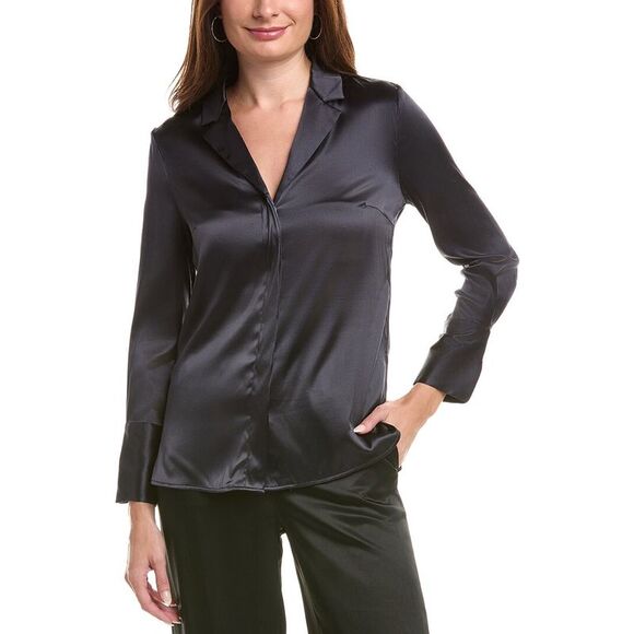 Peserico WomensSatin Silk-Blend Shirt Black